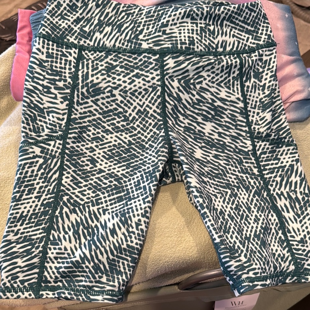 Zella Girls bike shorts. Patterned Green and White.